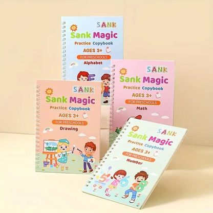 Sank Magic Practice Copybook, (4 BOOK + 10 REFILL+ 2 Pen +2 Grip) Number Tracing Book for Preschoolers with Pen, Magic Calligraphy Copybook Set Practical Reusable Writing Tool Simple Hand Lettering