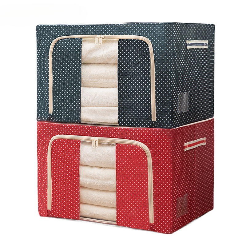 Fabric Clothes Storage Box for Wardrobe Cloth, Saree, Towel, Blanket Foldable Organizer Bag with Steel Frame, Top and Front Zipper Open Bags