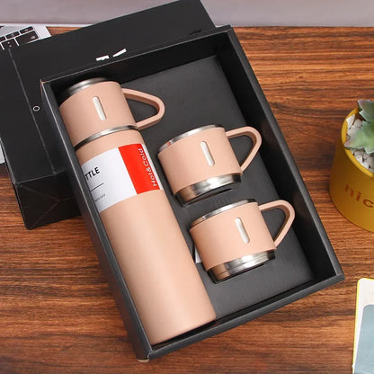 Vacuum Flask Set with 2 Cups, Insulated Double Wall Stainless Steel 500ml Tea Coffee Thermal Flask with 3 Cups, Hot and Cold Bottle, Corporate Gifts for Employees Christmas Gift, Random Color