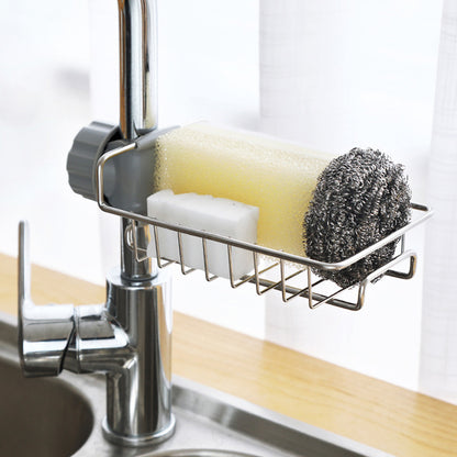 Kitchen Sink Faucet Sponge Holder Caddy Organizer Over, Stainless Steel Heavy Duty Thickening Hanging Drain Rack for scrubbers, soap, Bathroom, Detachable no Suction Cup Bathroom soap Holder