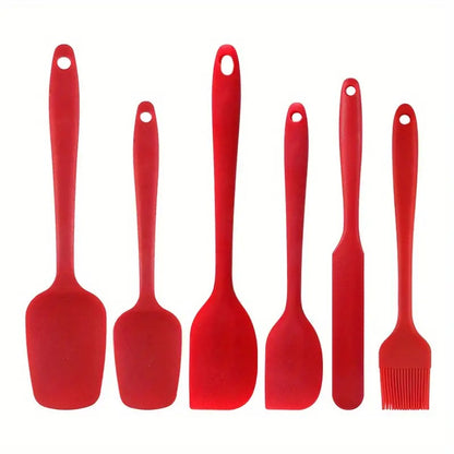 Silicone Spatula Set 6 Kitchen Non Stick pan Cake Silicon Brush oiling Spoon Cooking Mini Baking Non Stick Tools Handle khunti chamcha Tongs Rubber Utensils Oil use Accessories(RED)