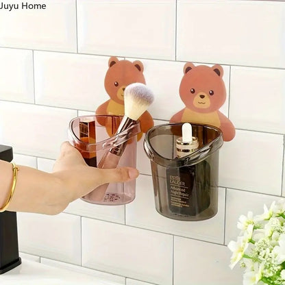 Toothbrush Holders for Bathroom, Toothpaste holder storage organizer with teddy bear self adhesive sticker Soap holder for bathroom organiser Kids Comb/Shaver/Razor/MakeUp Brush holder