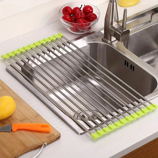 Drain Holder Folding Stainless Steel Foldable Roll Up Kitchen Sink Crockery Vegetable Wash Utensils Rack Dish Drying Washer Fruit Rack Drainer Rack Over Kitchen Sink