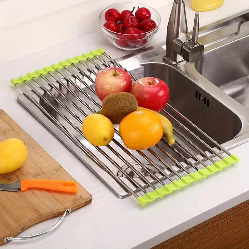 Drain Holder Folding Stainless Steel Foldable Roll Up Kitchen Sink Crockery Vegetable Wash Utensils Rack Dish Drying Washer Fruit Rack Drainer Rack Over Kitchen Sink