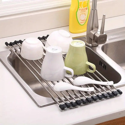 Drain Holder Folding Stainless Steel Foldable Roll Up Kitchen Sink Crockery Vegetable Wash Utensils Rack Dish Drying Washer Fruit Rack Drainer Rack Over Kitchen Sink