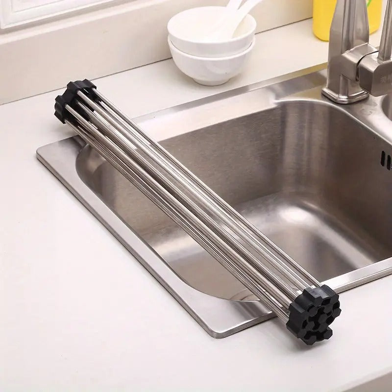 Drain Holder Folding Stainless Steel Foldable Roll Up Kitchen Sink Crockery Vegetable Wash Utensils Rack Dish Drying Washer Fruit Rack Drainer Rack Over Kitchen Sink