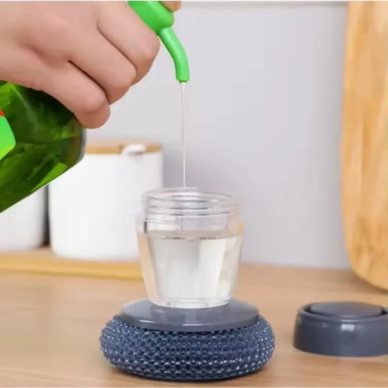 Tar Brush Dish Cleaning Brush with Liquid Dispensar Palm Dish Cleaning 1 PCS, Liquid Soap Dispenser Pump with Sponge Holder