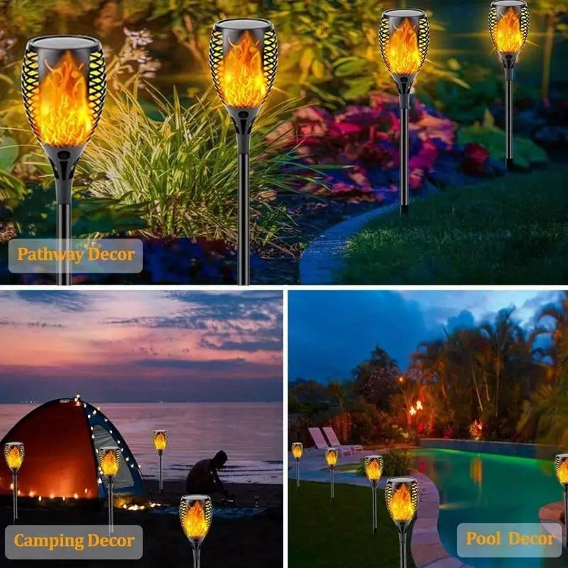 Solar Flickering Mashaal Light 3 In 1, 96 Led Solar Lamp Auto On/Off Solar Flame Light For Yard Garden Party And Festival Decoration (Pack Of 2, Warm Yellow) - Abs