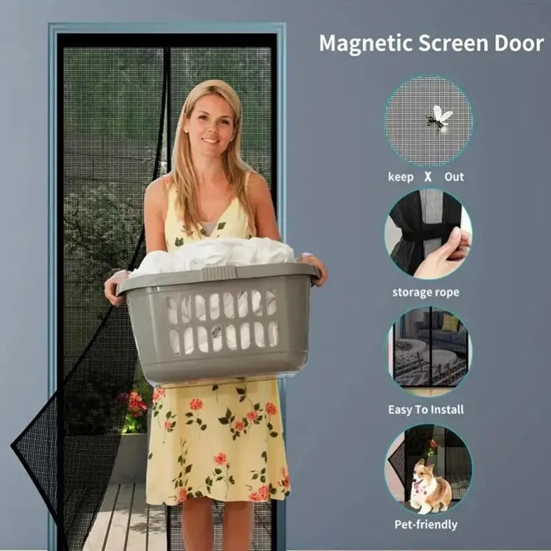 Magic Mesh Magnetic Mosquito Screen Door Net Curtain with Magnet Reinforced Polyester Mesh Curtain Back Door Mesh with Full Frame Hook