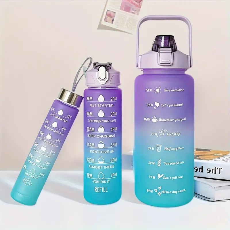 Motivational Water Bottle Set of 3 Pcs Time Marker with Straw, Leakproof BPA free Non-toxic Sipper Bottle for Office, Sports, Gym, School