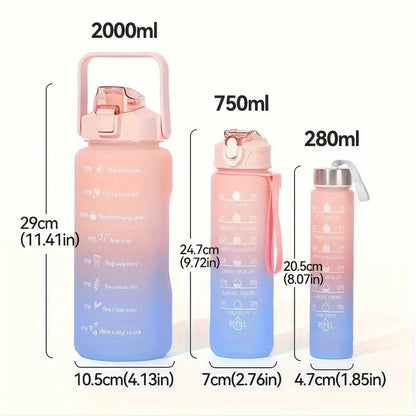 Motivational Water Bottle Set of 3 Pcs Time Marker with Straw, Leakproof BPA free Non-toxic Sipper Bottle for Office, Sports, Gym, School