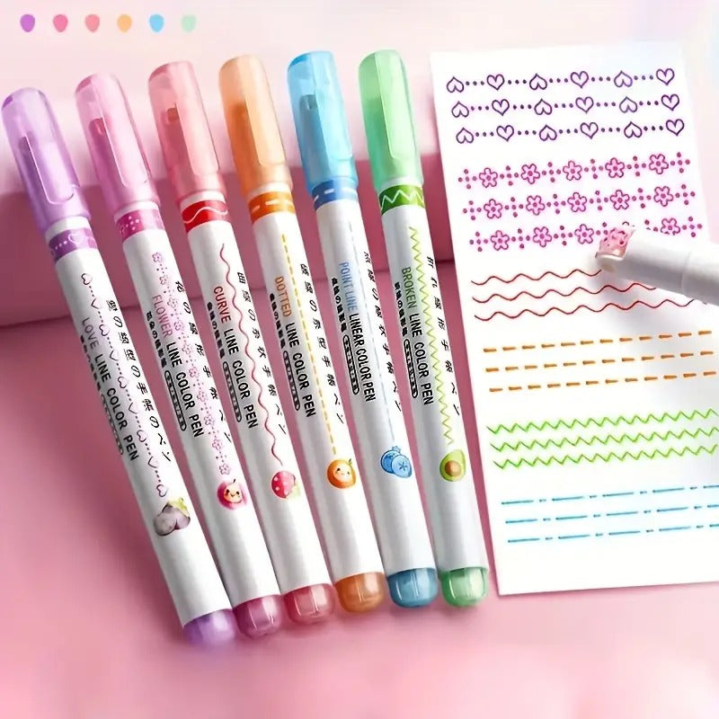 Curve Highlighter Pen Set, 6 Different Curve Shapes Dual Tip Pens, Cute Pattern Colorful Curve Highlighter Pen Writing Markers, for Writing, Drawing