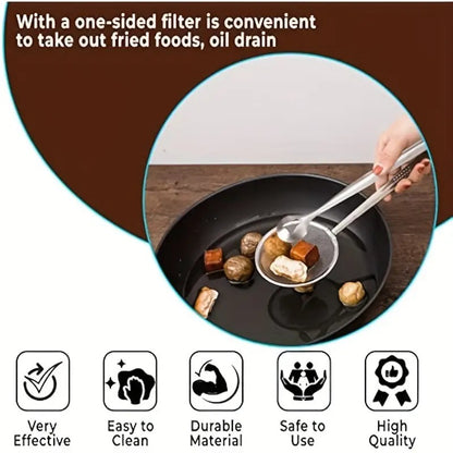 2 in 1 Fry Tool Filter Spoon Strainer with Clip,Oil Frying BBQ Filter Stainless Steel Mesh Strainer Kitchen Tool Collapsible Strainer