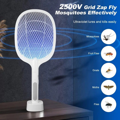 Mosquito Bat with UV Light Lamp Five Nights Mosquito Killer Autokill 2 in 1 Mosquito Racket 1200mAh Lithium ion Rechargeable Battery Handheld Electric Fly Swatter (White)