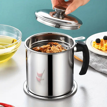 Oil Strainer Pot Grease Can - Stainless Steel Cooking Grease Container,Reuse Oil Storage -Can Container with Removable Filter Anti-Scalding Handheld, Lid for Cooking Oil