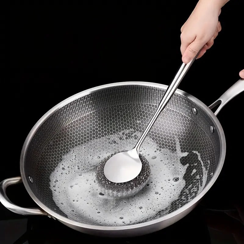 Stainless Steel Scrubber Metal Scrubber Brush for Dishes Pot Dish Cookware Cleaner with Handle Long Handle Brush Steel Ball Brush Pot & Dish Scrubber Dish Brush Steel Wool Handle