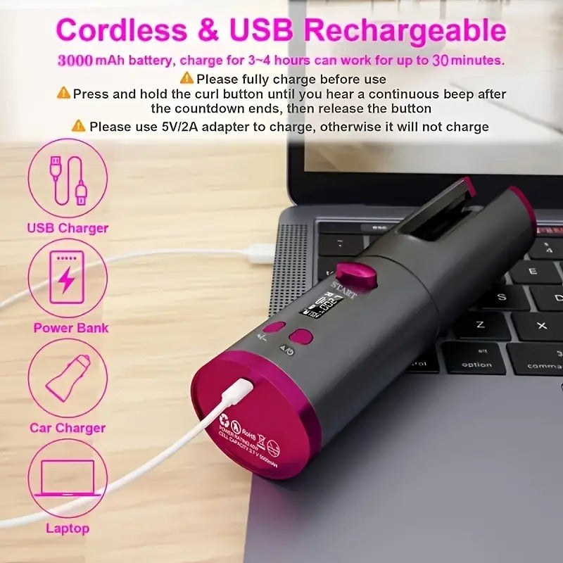 Cordless automatic Hair Curler Portable Curling Iron with LCD temperature Display Fast Heating auto Rotating Hair Curler USB Rechargeable for travel Home