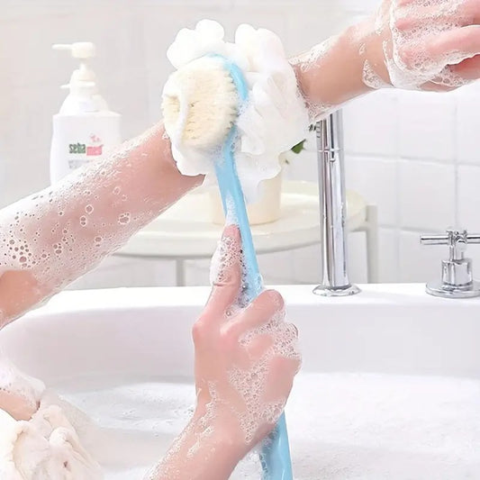 2 in 1 Body Brush - Back Body Loofah Brush Curved Long Handled with Bristles Back Scrubber for Improve Skin Exfoliating Bath, Massage, Wet or Dry Brushing Back Scrubber for Shower