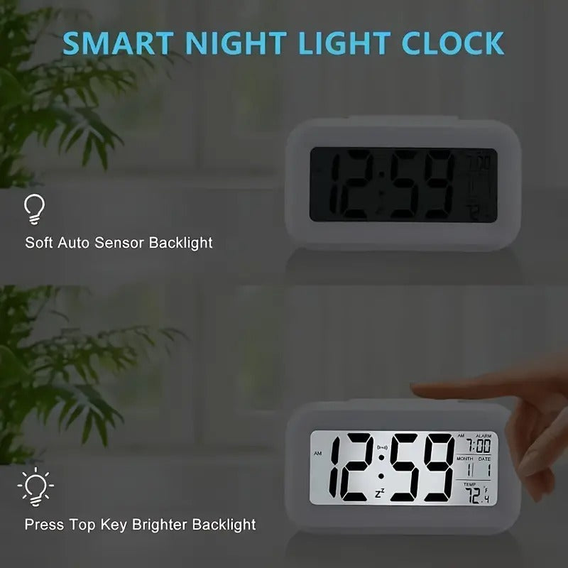 Digital Alarm Clock,Battery Operated Small Desk Clocks,with Date, Indoor Temperature,Smart Night Light,LCD Clock for Bedroom Home Office