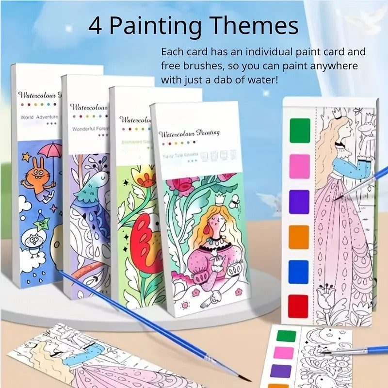 Pocket Watercolor Painting Book with 20 Bookmarks Sheets & 1 Brush Early Educational Montessori Toy for Boys & Girls - Art Party Favors Travel Activity Portable Pocket Travel