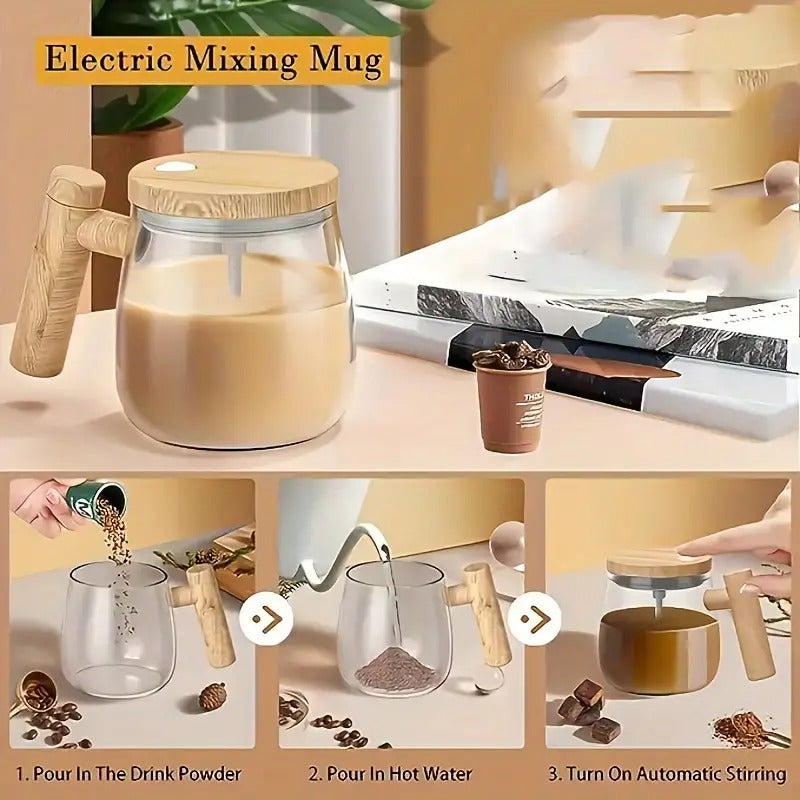 Self Stirring Coffee Mug, Glass Electric Self Mixing Cup with Lid & Handle, 400ml Auto Self Stirring Cup to Stir Coffee, Mixed Milk, Powder