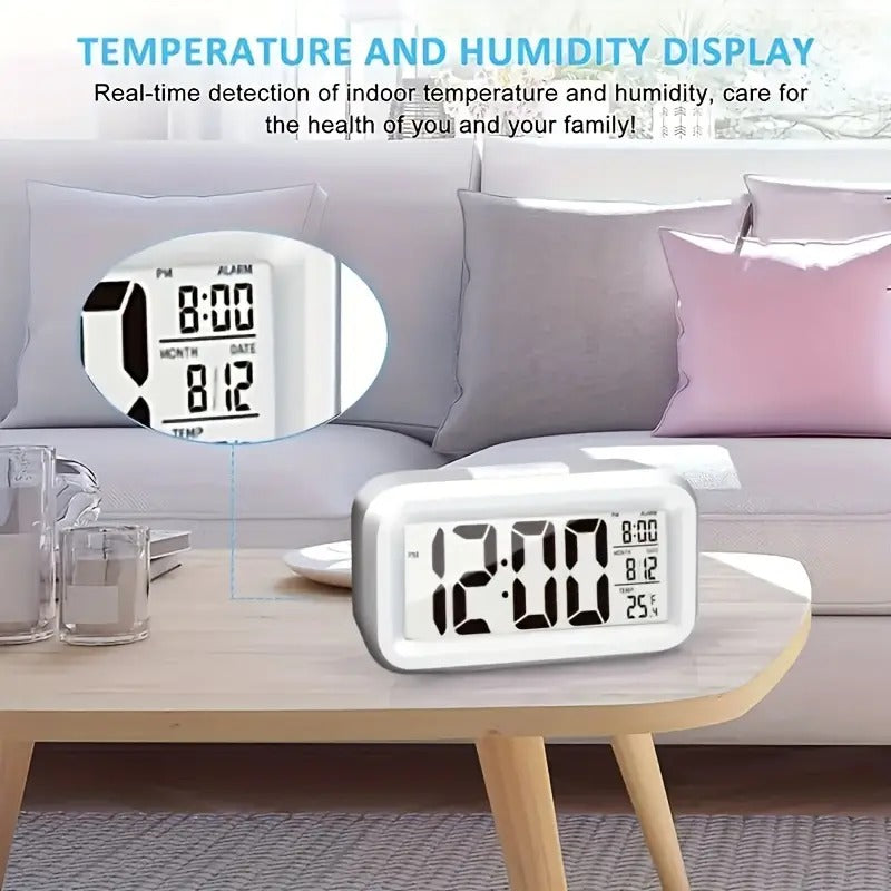 Digital Alarm Clock,Battery Operated Small Desk Clocks,with Date, Indoor Temperature,Smart Night Light,LCD Clock for Bedroom Home Office