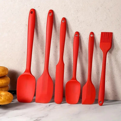 Silicone Spatula Set 6 Kitchen Non Stick pan Cake Silicon Brush oiling Spoon Cooking Mini Baking Non Stick Tools Handle khunti chamcha Tongs Rubber Utensils Oil use Accessories(RED)