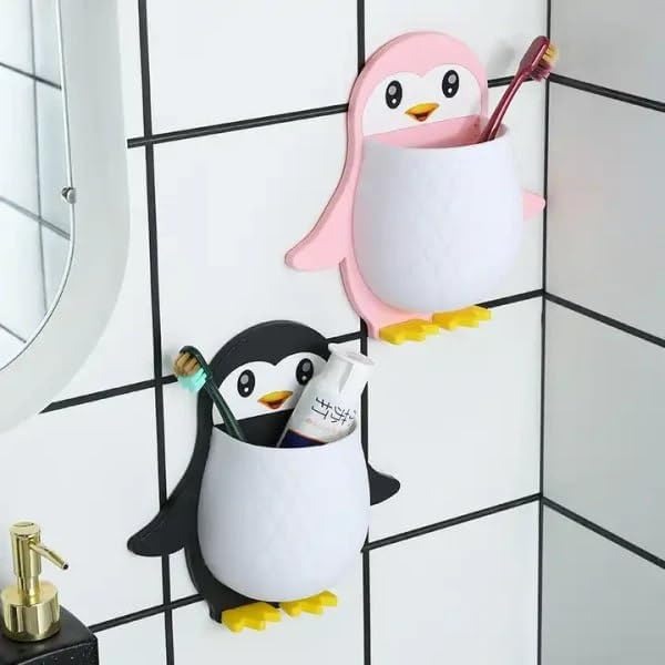 Plastic Wall Mounted Penguin Design Toothpaste Holder Unique Design Wall Mounted Self Adhesive Storage Wall Mount Toothbrush Holder|Wall Mount Remote and Mobile Stand