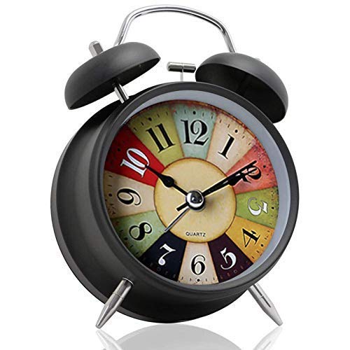 Metal Alarm Clocks - Twin Bell Table Clock for Heavy Sleepers, Bedroom, Students, Home, Kids with Night Led Light (Black)