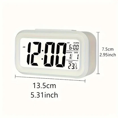 Digital Alarm Clock,Battery Operated Small Desk Clocks,with Date, Indoor Temperature,Smart Night Light,LCD Clock for Bedroom Home Office