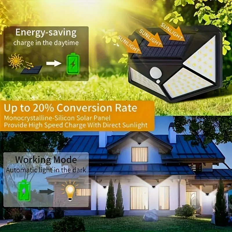 Solar Lights Outdoor 100 LED Solar Security Light with Waterproof Wall Light Solar Powered and 3 Modes for Outdoor 1800mAh (Black)