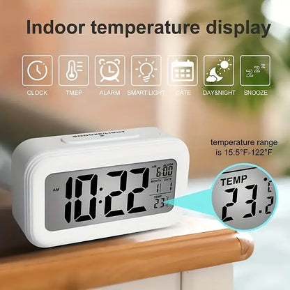 Digital Alarm Clock,Battery Operated Small Desk Clocks,with Date, Indoor Temperature,Smart Night Light,LCD Clock for Bedroom Home Office