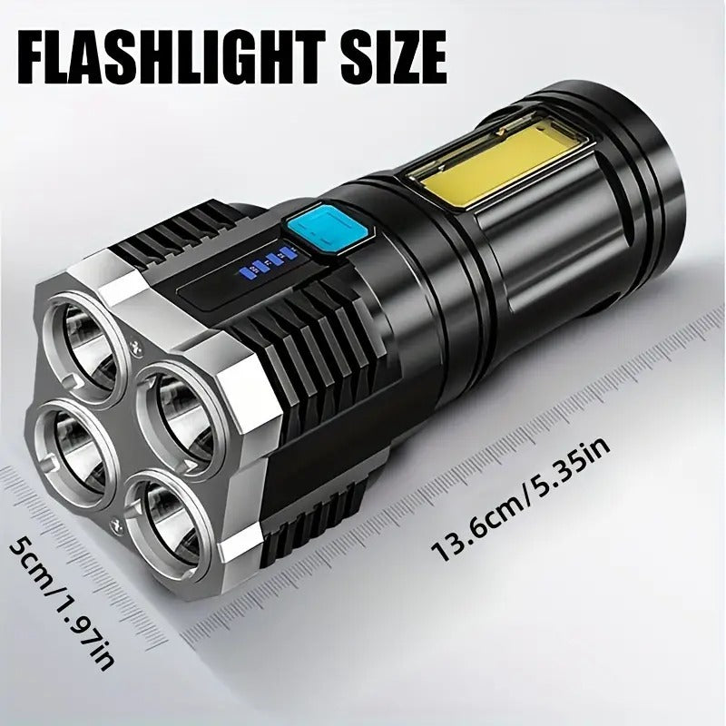 4-in-1 Led Torch Lights Rechargeable Emergency Torch Light 3W USB Charge Flashlight - High Power Long Distance Beam Range 4 Mode Torch for Outdoor, Indoor, Hiking, Walking, Camping