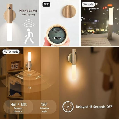 Indoor Motion Sensor Battery USB Rechargeable Magnetic Wooden Night Light