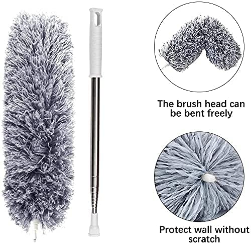 Microfiber Feather Duster Bendable & Extendable Fan Cleaning with 100 inches Expandable Pole Handle Washable Cleaner Mop extendable Anti Scratch Head Brush for High Cobweb Stick