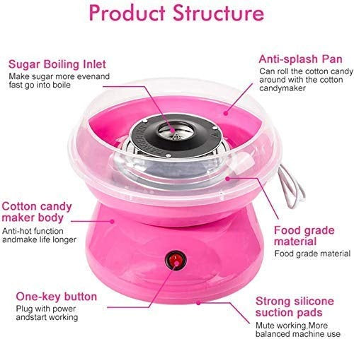 Cotton Candy Maker Machine Electric Sugar Floss Homemade Hard & Sugar Free Candy with Detachable Splash Guard + Sugar Spoon+ 10 Bamboo Sticks for Kids, Carnival Party, Kitchen Bakery Snacks