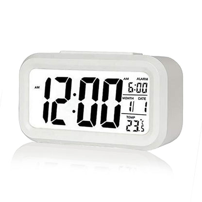 Digital Alarm Clock,Battery Operated Small Desk Clocks,with Date, Indoor Temperature,Smart Night Light,LCD Clock for Bedroom Home Office