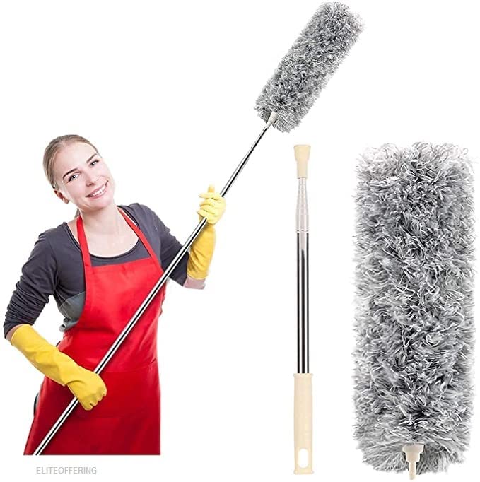 Microfiber Feather Duster Bendable & Extendable Fan Cleaning with 100 inches Expandable Pole Handle Washable Cleaner Mop extendable Anti Scratch Head Brush for High Cobweb Stick