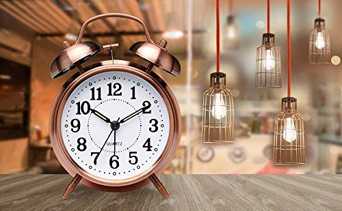 Twin Bell Analog Display Table Alarm Clock with Night LED Light Heavy Slippers Extra Loud Alarm Clock Ideal for Student and Kids Bedroom (Copper)