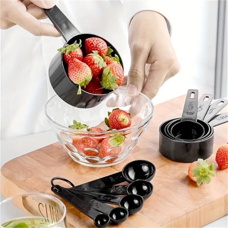 8 Piece Measuring Cup & Spoon Set - Multi Purpose Kitchen Tool (with Free Hanging Groove), Black