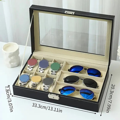 Watch Box Organizer and Sunglasses Case Holder with 6 Slots for Watches and 3 Slots for Sunglasses