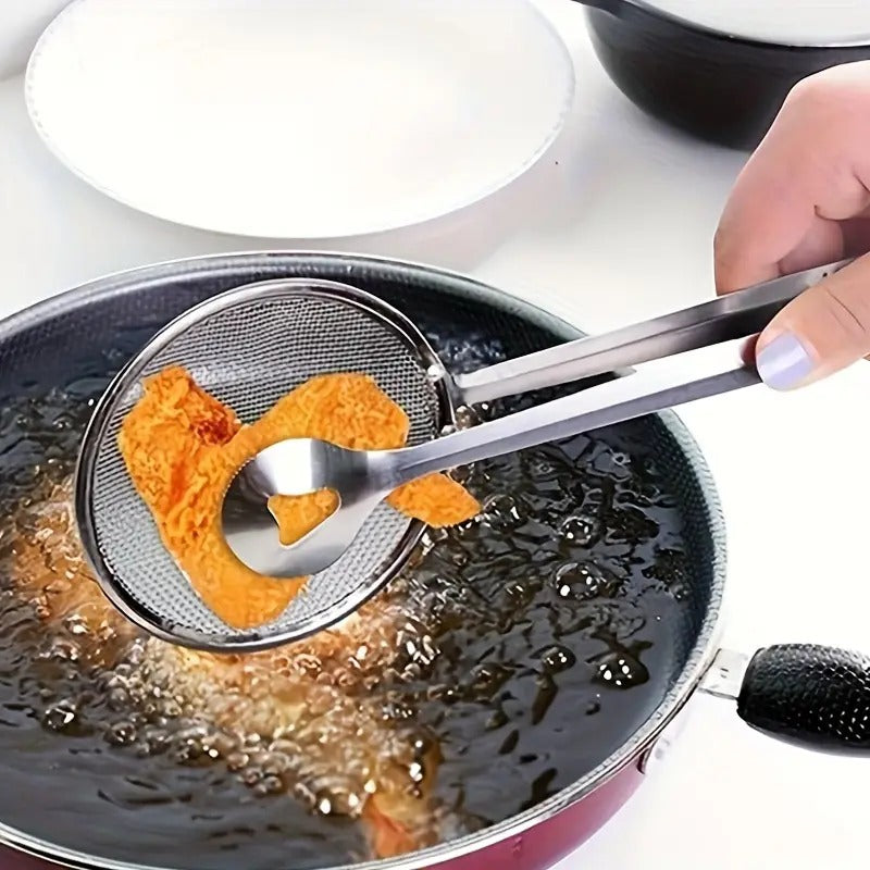 2 in 1 Fry Tool Filter Spoon Strainer with Clip,Oil Frying BBQ Filter Stainless Steel Mesh Strainer Kitchen Tool Collapsible Strainer