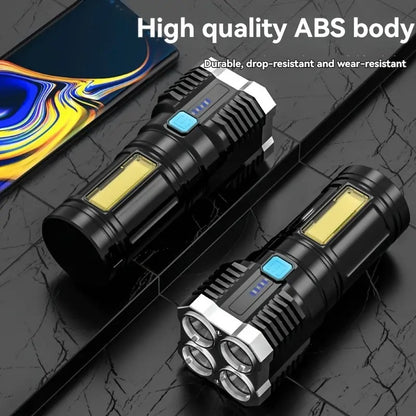 4-in-1 Led Torch Lights Rechargeable Emergency Torch Light 3W USB Charge Flashlight - High Power Long Distance Beam Range 4 Mode Torch for Outdoor, Indoor, Hiking, Walking, Camping