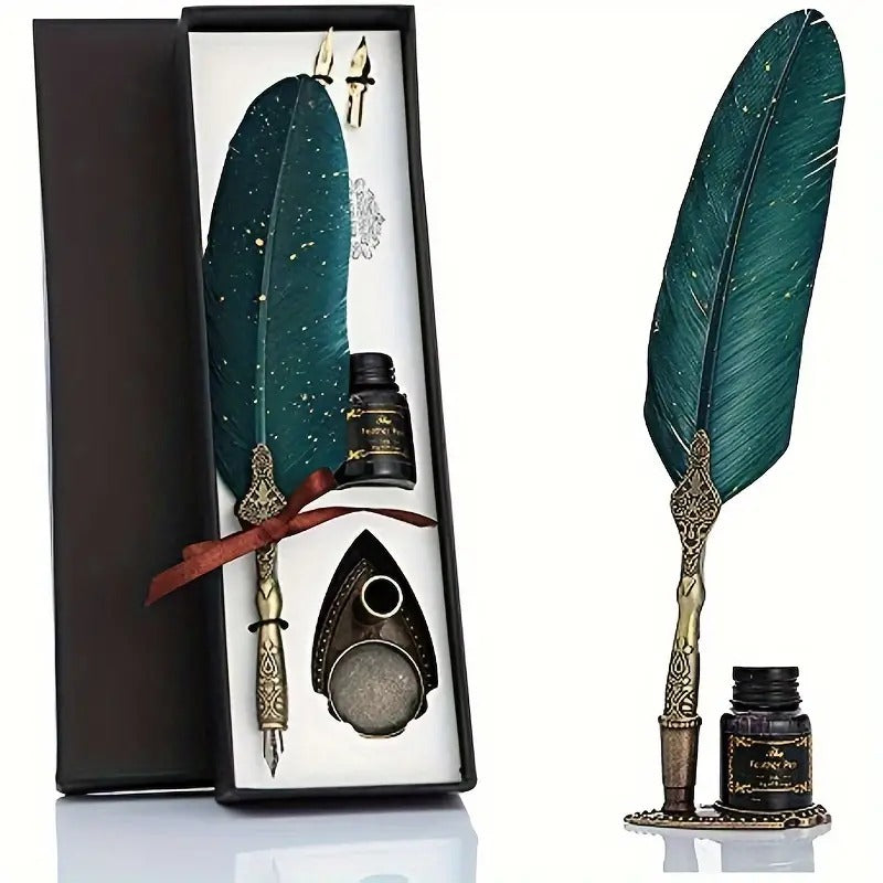 Vintage Carving Feather Pen Set, Glittering Quill Pen Set Antique Calligraphy Writing Dip Pen with Black Ink, 2 Replacement Nibs, Pen Stand Base, Luxury Signature Pen (Blue)