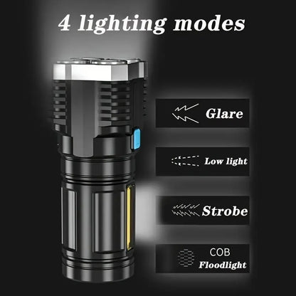 4-in-1 Led Torch Lights Rechargeable Emergency Torch Light 3W USB Charge Flashlight - High Power Long Distance Beam Range 4 Mode Torch for Outdoor, Indoor, Hiking, Walking, Camping