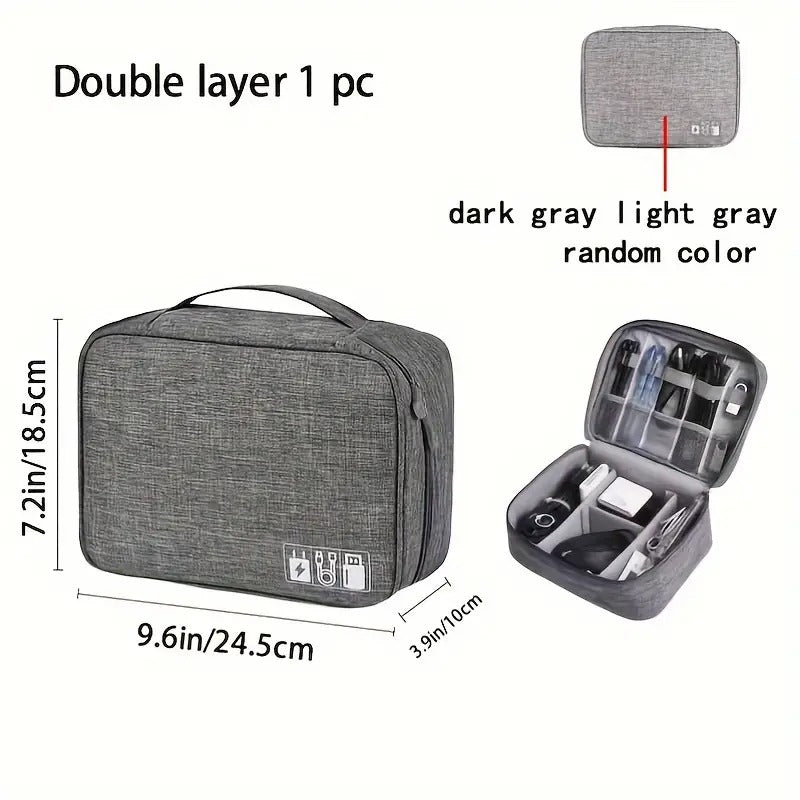 fashion Nylon 2 Layer Gadget Organizer Case,Electronic Accessories Bag,Tech Organizer Pouch For Hard Disk,Pen Drive For Home&Travel-24 X 18 X 10 Cm-Grey-Model 1