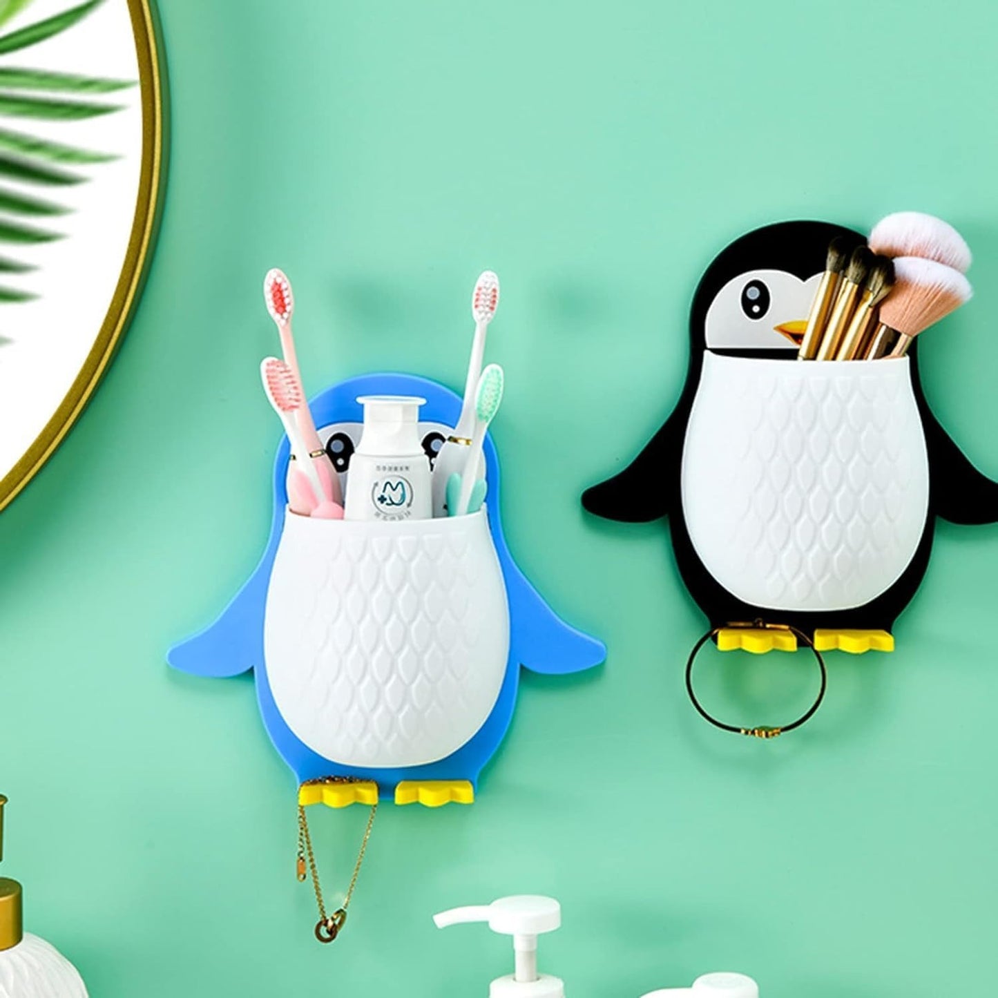 Plastic Wall Mounted Penguin Design Toothpaste Holder Unique Design Wall Mounted Self Adhesive Storage Wall Mount Toothbrush Holder|Wall Mount Remote and Mobile Stand