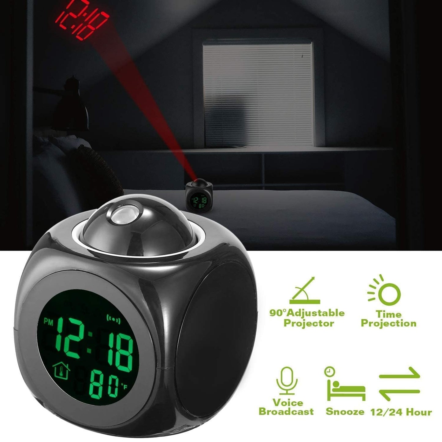 Digital LCD Projector Alarm Clock Wall Projection LCD Screen Snooze Alarm Display Time Voice Alarm LED Back Light