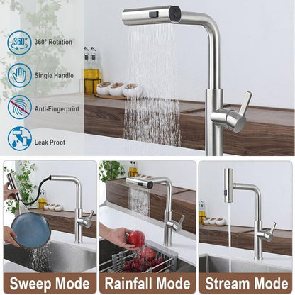 3 in 1 360° Swivelling Waterfall Kitchen Tap with Pull Down Sprayer Fauset