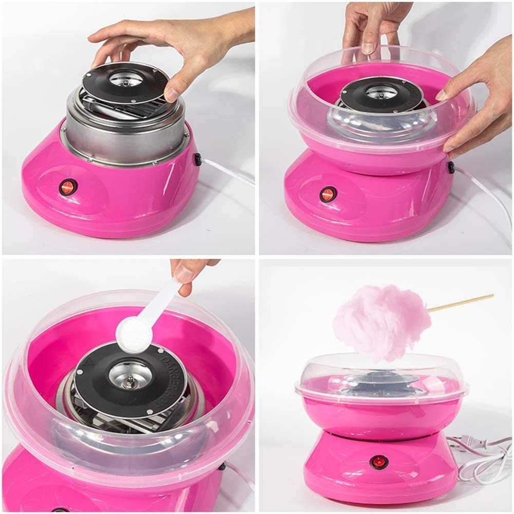 Cotton Candy Maker Machine Electric Sugar Floss Homemade Hard & Sugar Free Candy with Detachable Splash Guard + Sugar Spoon+ 10 Bamboo Sticks for Kids, Carnival Party, Kitchen Bakery Snacks